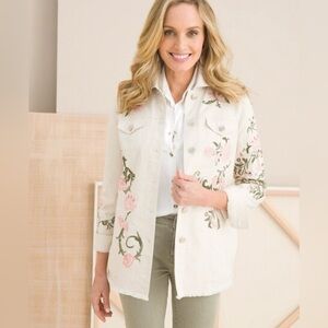 Chico’s Mid-length Frayed Denim Embroidered Cream Jacket Size 1